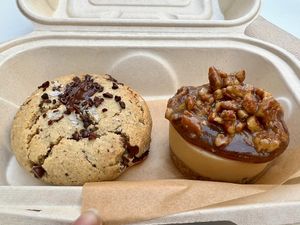 Rosemary tahini choc chip cookie, raw pecan pie cheesecake   at Ordinarie Fare in Dayton