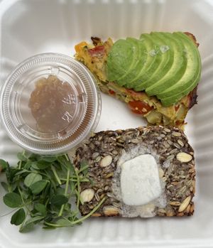 Veggie frittata, superseded bread (in house) with jam and vegan butter  at Ordinarie Fare in Dayton