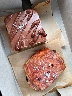All GF/ vegan. Millionaire bar (top), Pain Au Chocolat (bottom)  at Ordinarie Fare in Dayton