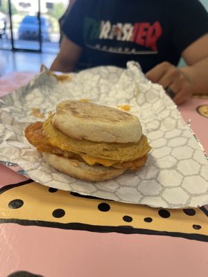 “Bacon egg “ sandwich with hash brown and sauce   at Sojo's Donuts in Mesa