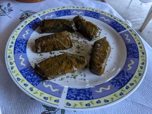 Sarma (vine leaves stuffed with herb rice).  at Taverna Tradicionale in Gjirokaster