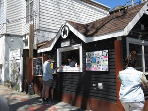 Dairy Bar in May 2022, flavours: vanilla and strawberry-rhubarb (vegetarian), chocolate sorbet (vegan) at Dairy Bar in Halifax