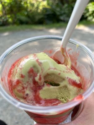 Vegan matcha ice cream with strawberry sauce  at Dairy Bar in Halifax