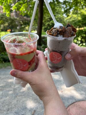 Matcha (with strawberry) and Black Sesame (with cookies) - both vegan! at Dairy Bar in Halifax