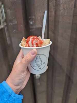 Tried the new Churned Ice Cream featured sundae at Dairy Bar! This was the Strawberry Shortcake, with vanilla Churned ice cream, strawberry sauce and pieces of pie crust! at Dairy Bar in Halifax