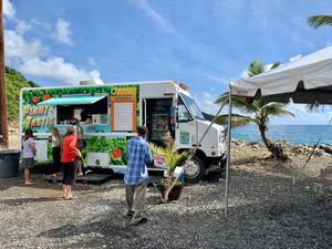 The drinks are in a self-serve refrigerator to the right.   at PlantTastic in St Thomas