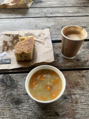 Lentil Soup (comes with bread and vegan butter) and Oat Latte  at Lucy's in Ardfern