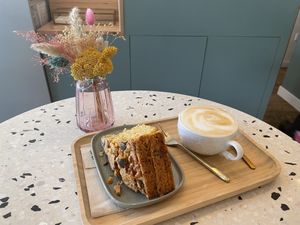 Creamy carrot cake and cappuccino   at Michel MaBelle in Bordeaux