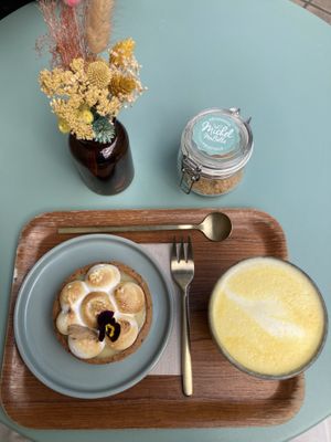 Tarte aux 2 citrons, golden latte with almond milk   at Michel MaBelle in Bordeaux