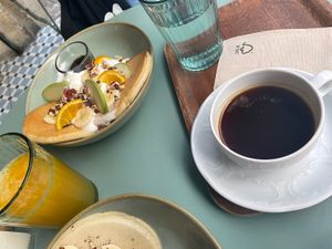 Pancakes, oj and coffee  at Michel MaBelle in Bordeaux