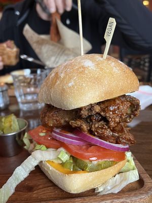Sky high southern fried chicken sandwich with hot agave   at Brooklyn Organic Kitchen in Mahopac