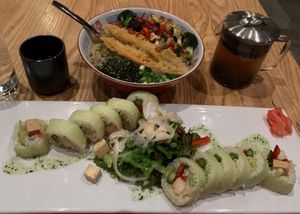 Vegetable Ramen and Green Giant Roll at Maru Sushi Bridge Street in Grand Rapids