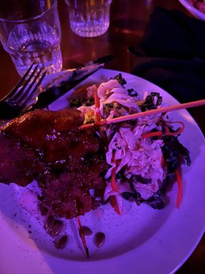 Vegan chicken on a skewer  at Cloak & Dagger in Cleveland