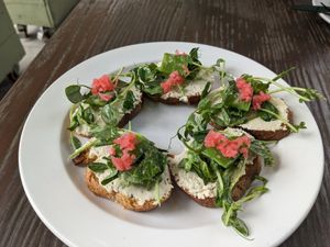 Spring pea bruschetta at Cloak & Dagger in Cleveland