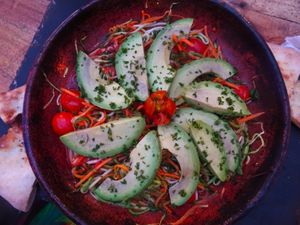 zucchini noddles with veggies sauce at La Leyenda de L'Antico Forno in Puerto Viejo De Talamanca