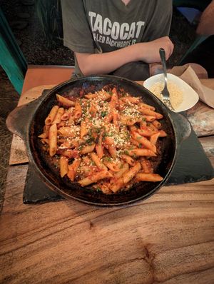 Tomato pasta with basil. This wasn't on the vegan menu, but they were able to substitute vegan cheese and make it vegan at La Leyenda de L'Antico Forno in Puerto Viejo De Talamanca