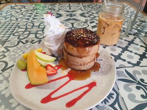 Buckwheat pancakes with fresh fruit and vegan coconut soft serve at Urban Eatery & Cafe in Broadbeach