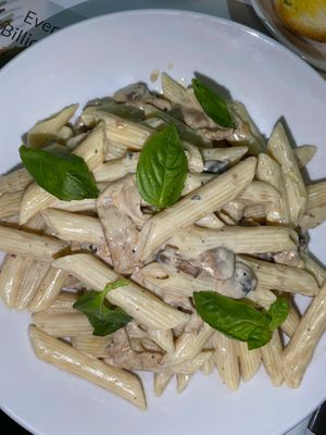Pene in cream sauce with vegan chicken at Just Vegan - Marina Walk Pearl in Dubai