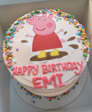 Delicious custom vegan strawberry Peppa cake!♡🎂 at Corina Bakery in Tacoma