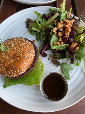 Black bean burger and organic salad at The Freight Shed in Baddeck