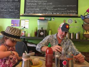 fresh salads and burritos...digging in!  at Maggie's in Lincoln