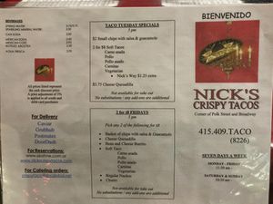 Menu, front at Nick's Crispy Tacos in San Francisco