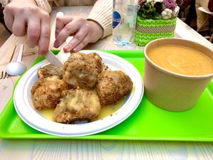 Hungarian Arany Galuska, Creamy sweet potato-yellow pea soup/Daily Menu  at Süt a Nap Vegán Bisztró in Miskolc