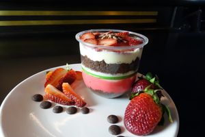 Fluffy & moist chocolate cake, Belgian cream, homemade strawberry jam, then topped with fresh strawberries, chocolate flakes and a meringue kiss. Incredibly smooth! at Jai Pie in Port Melbourne