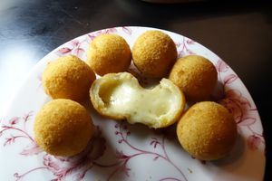 Bolinhas De Queijo (Cheese Balls)
Fried cheese balls in a crumbed coating. A Brazillian classic, similar to cheese croquettes
 at Jai Pie in Port Melbourne