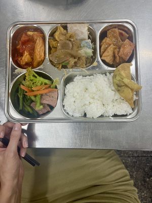 tofu on tomatoes on the left, noodless and spring rolls in the middle, sweet and sour tofu on the right, veggies and rice at the bottom  at Ngoc Y in Ho Chi Minh City