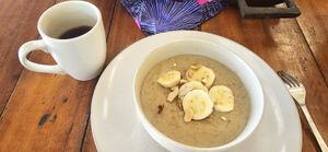 Creamy soy rice porridge and banana at The Mushroom Farm in Livingstonia