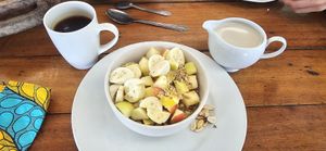 Muesli fruit bowl with soy milk at The Mushroom Farm in Livingstonia
