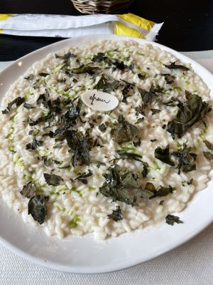 Risotto with chestnut cream and cavolo nero crisps  at efrem in Turin