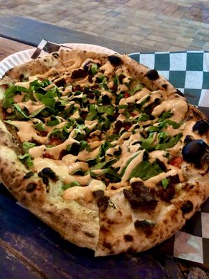 Vegan Style Cheeseburger Pizza! at Corvo Bianco Wood Fired Cookery in Dunedin