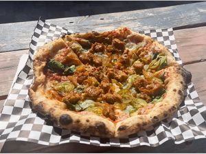 The Feisty vegan sausage and jalapeño pizza at Corvo Bianco Wood Fired Cookery in Dunedin