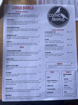 Brunch menu  at Corvo Bianco Wood Fired Cookery in Dunedin