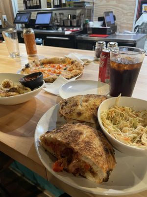 All vegan! Dunedin Dave pizza, garlic knots, beyond sausage Sammie  at Corvo Bianco Wood Fired Cookery in Dunedin