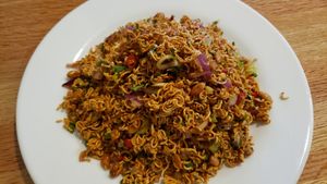 Wai wai saadhayko ($7). Crispy noodles in a light savory sauce with fried soybeans, green onions. Super tasty. #Veganuary at Nepali Kitchen in Maplewood