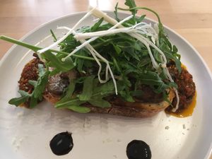 Mixed mushrooms on a very nice sourdough and tasty pesto  at Plant Vibes Cafe in Bowen Hills