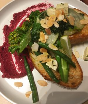 Green beet bruschetta - highly recommended! at Plant Vibes Cafe in Bowen Hills