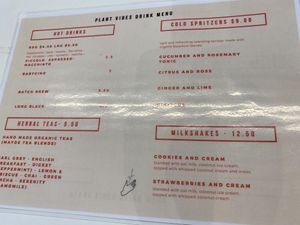 Drinks menu  at Plant Vibes Cafe in Bowen Hills