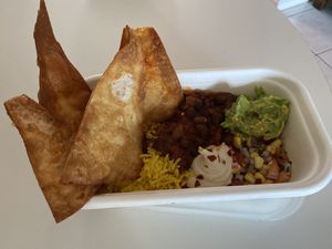 Delicious Mexican dish. Note the home made nacho chips  at Plant Vibes Cafe in Bowen Hills