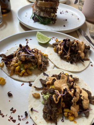 Pulled “beef” chipotle tacos  at Plant Vibes Cafe in Bowen Hills