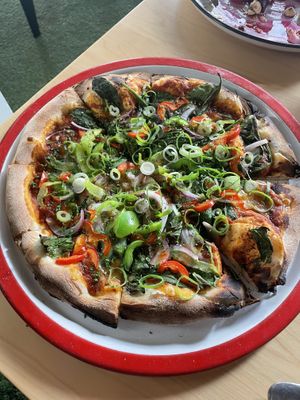 Veg pizza with vegan cheese   at George's Beach Club in Raglan