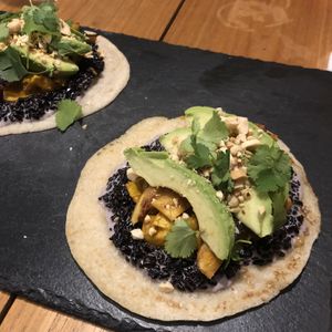 Marinated tofu sheets, black rice, and avocado over soft tortilla  #Veganuary at SER Restaurante in Nosara