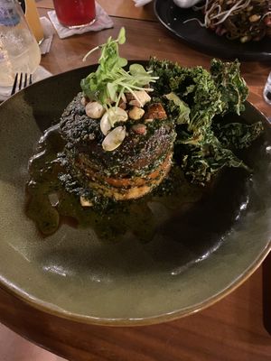 Portobello & tomato pesto tower  at SER Restaurante in Nosara