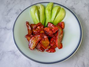 Glazed roast wheat protein with sweet soy sauce 
 at Green Sprouts Vegetarian in Neutral Bay