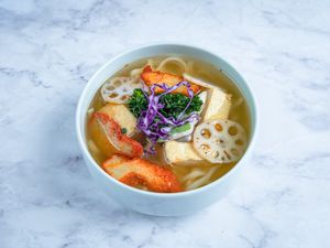 Nutritional Fresh Mushrooms Udon Noodle soup 
 at Green Sprouts Vegetarian in Neutral Bay