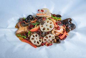 
Hunan fish parcel 
Stewed tofu fish and mix vegetables in hunan spicy Sauce 
 at Green Sprouts Vegetarian in Neutral Bay