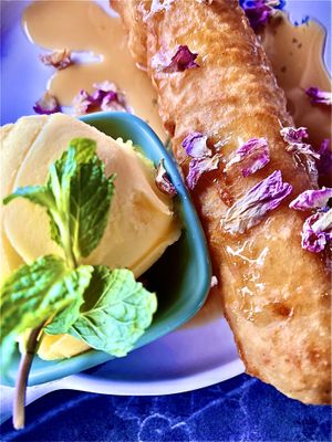 Banana Fritter with Mango Sorbet  at Green Sprouts Vegetarian in Neutral Bay